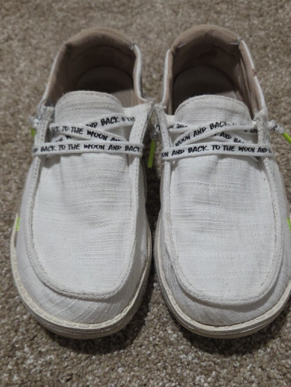 Hey Dude women’s White Canvas Slip-On with Tan Accents and Neon Highlights - Picture 4 of 7